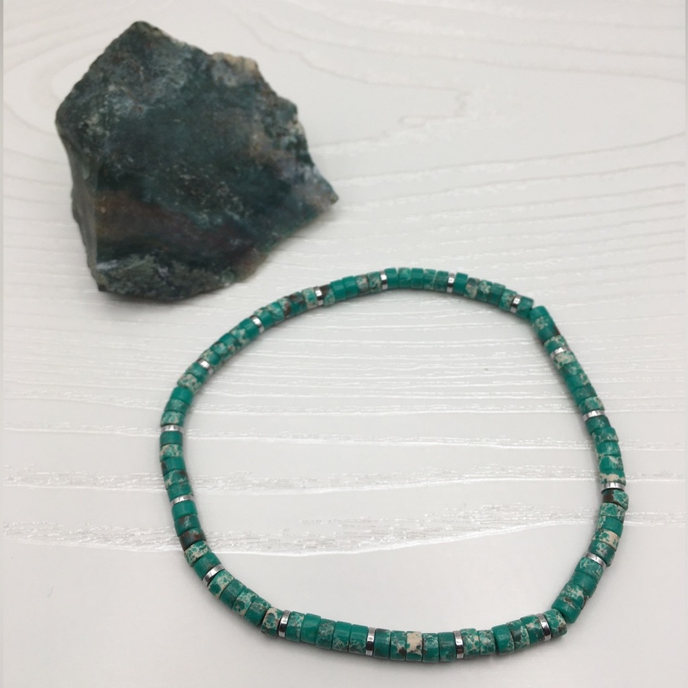 HANDCRAFTED Green Emperor Stone Jasper & Silver Hematite Stretch Ankle Bracelet